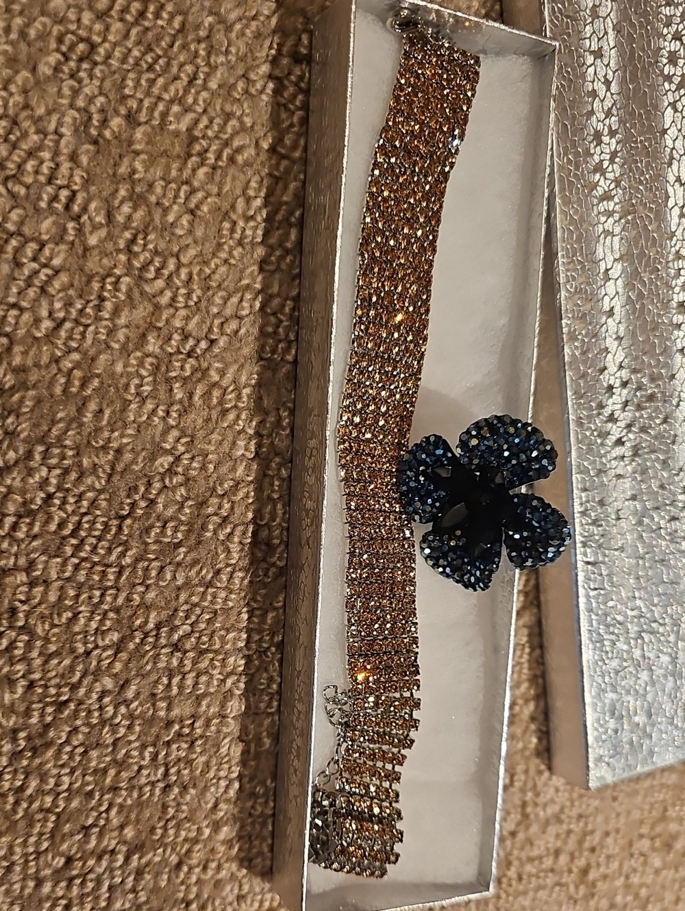 Gold Crystal Chocker Necklace with Navy Flower Pin Accent